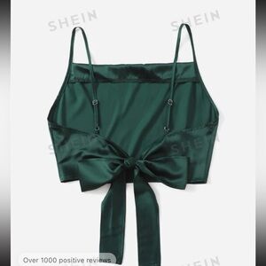 SHEIN Privé Date Night Tie Back Satin Concert Crop Cami Top, dark green